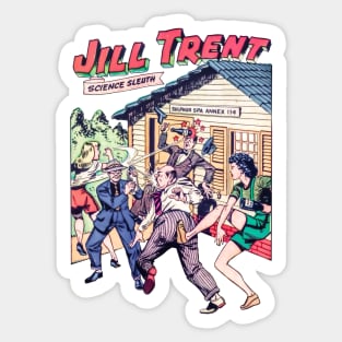 REVISTANGO #81 - Jill Trent and the Sulphur Spa Showdown with Flying Gadgets Fists and Fearless Science Sleuth Action Captured in Dynamic 1950s Comic Book Illustration Vintage Sticker